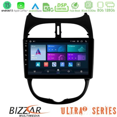 Bizzar Ultra Series Peugeot 206 8core Android13 8+128GB Navigation Multimedia Tablet 9