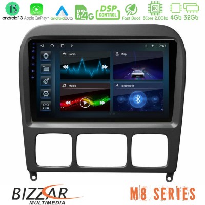 Bizzar M8 Series Mercedes S Class 1999-2004 (W220) 8Core Android13 4+32GB Navigation Multimedia Tablet 9″