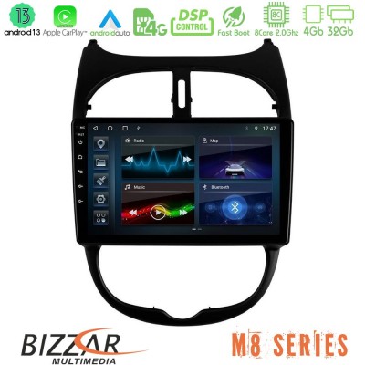 Bizzar M8 Series Peugeot 206 8core Android13 4+32GB Navigation Multimedia Tablet 9