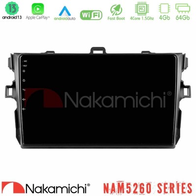 Nakamichi NAM5260 Series 4Core Android13 4+64GB Toyota Corolla 2007-2012 Navigation Multimedia Tablet 9