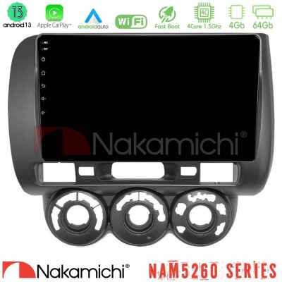 Nakamichi NAM5260 Series 4Core Android13 4+64GB Honda Jazz 2002-2008 (Manual A/C) Navigation Multimedia Tablet 9
