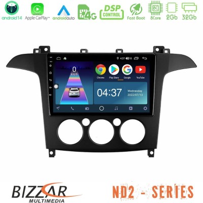 Bizzar ND2 Series 8Core Android14 2+32GB  Ford S-Max 2006-2008 (manual A/C) Navigation Multimedia Tablet 9