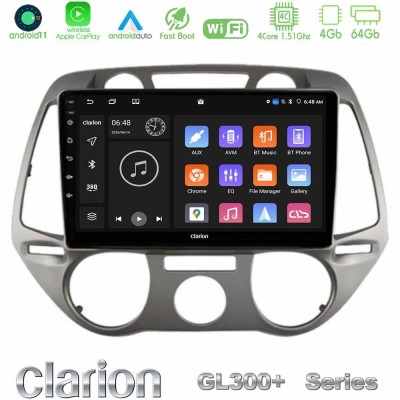 Clarion GL300+ Series 4Core Android11 4+64GB  Hyundai i20 2009-2012 Manual A/C Navigation Multimedia Tablet 9