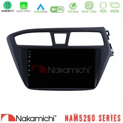 Nakamichi NAM5260 Series 4Core Android13 4+64GB Hyundai i20 2014-2018 RHD Navigation Multimedia Tablet 9