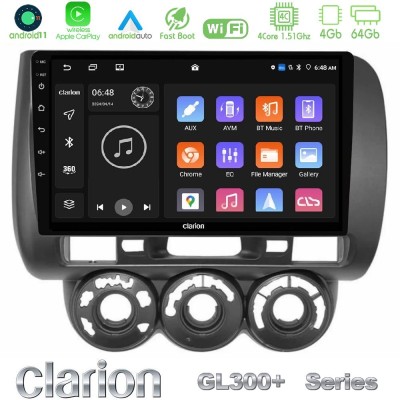 Clarion GL300+ Series 4Core Android11 4+64GB Honda Jazz (Fit) 2002-2008 (RHD) Manual A/C Navigation Multimedia Tablet 9