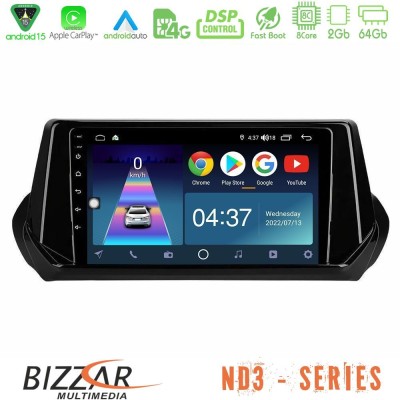 Bizzar ND3 Series 8Core Android15 2+64GB  Peugeot 208 2019-2023 Navigation Multimedia Tablet 9