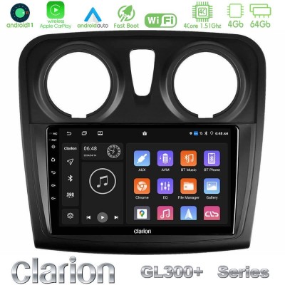 Clarion GL300+ Series 4Core Android11 4+64GB  Dacia Sandero 2014-2020 Navigation Multimedia Tablet 9