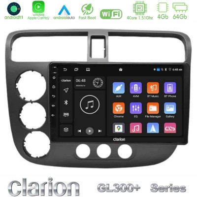 Clarion GL300+ Series 4Core Android11 4+64GB  Honda Civic 2001-2005 Navigation Multimedia Tablet 9