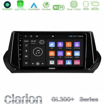 Clarion GL300+ Series 4Core Android11 4+64GB  Peugeot 208 2019-2023 Navigation Multimedia Tablet 9