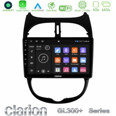 Clarion GL300+ Series 4Core Android11 4+64GB  Peugeot 206 Navigation Multimedia Tablet 9