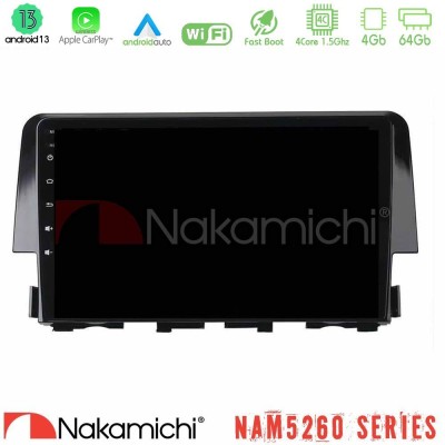 Nakamichi NAM5260 Series 4Core Android13 4+64GB Honda Civic 2016-2020 Navigation Multimedia Tablet 9