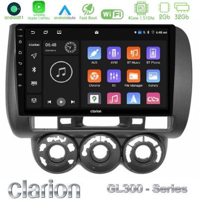 Clarion GL300 Series 4Core Android11 2+32GB Honda Jazz (Fit) 2002-2008 (RHD) Manual A/C Navigation Multimedia Tablet 9