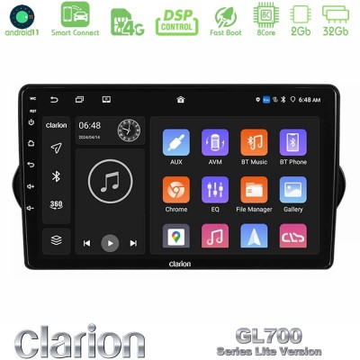 Clarion GL700 Lite Series 8Core Android11 2+32GB Fiat Tipo 2015-2022 (Hatchback) Navigation Multimedia Tablet 9