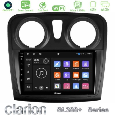 Clarion GL300+ Series 4Core Android11 4+64GB  Dacia Sandero 2014-2020 Navigation Multimedia Tablet 9