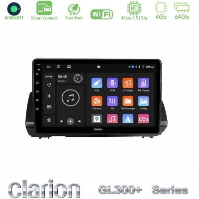 Clarion GL300+ Series 4Core Android11 4+64GB Dacia Sandero/Logan/Jogger 2022-> Navigation Multimedia Tablet 9