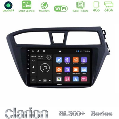 Clarion GL300+ Series 4Core Android11 4+64GB Hyundai i20 2014-2018 RHD Navigation Multimedia Tablet 9