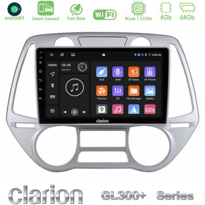 Clarion GL300+ Series 4Core Android11 4+64GB  Hyundai i20 2009-2012 Auto A/C Navigation Multimedia Tablet 9