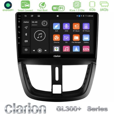 Clarion GL300+ Series 4Core Android11 4+64GB  Peugeot 207 Navigation Multimedia Tablet 9