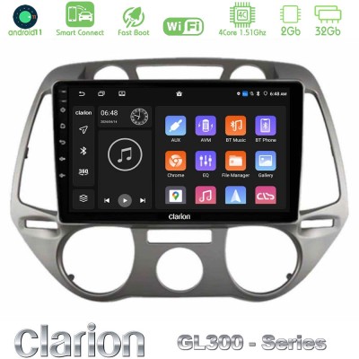Clarion GL300 Series 4Core Android11 2+32GB Hyundai i20 2009-2012 Manual A/C Navigation Multimedia Tablet 9