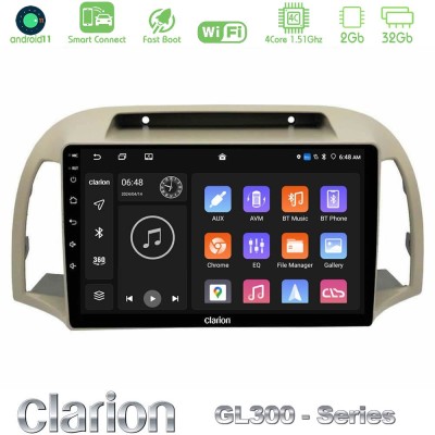 Clarion GL300 Series 4Core Android11 2+32GB Nissan Micra K12 2002-2010 Navigation Multimedia Tablet 9