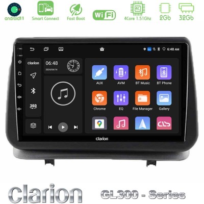 Clarion GL300 Series 4Core Android11 2+32GB Renault Clio 2005-2012 Navigation Multimedia Tablet 9