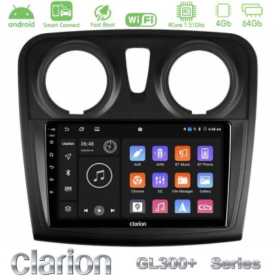Clarion GL300+ Series 4Core Android ClarionOS 4+64GB  Dacia Sandero 2014-2020 Navigation Multimedia Tablet 9