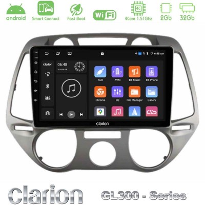 Clarion GL300 Series 4Core Android ClarionOS 2+32GB Hyundai i20 2009-2012 Manual A/C Navigation Multimedia Tablet 9
