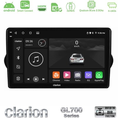 Clarion GL700 QUALCOMM Series 8Core Android ClarionOS 4+64GB Fiat Tipo 2015-2022 (Hatchback) Navigation Multimedia Tablet 9