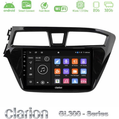 Clarion GL300 Series 4Core Android ClarionOS 2+32GB Hyundai i20 2014-2018 Navigation Multimedia Tablet 9