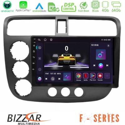 Bizzar F Series 8Core Android14 4+64GB  Honda Civic 2001-2005 Navigation Multimedia Tablet 9