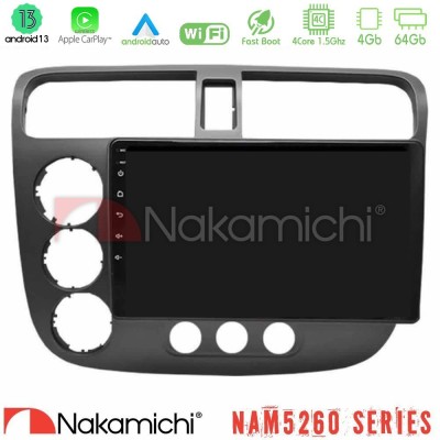 Nakamichi NAM5260 Series 4Core Android13 4+64GB Honda Civic 2001-2005 Navigation Multimedia Tablet 9