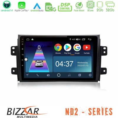 Bizzar ND2 Series 8Core Android14 2+32GB  Suzuki SX4 2006-2014 Fiat Sedici 2006-2014 Navigation Multimedia Tablet 9