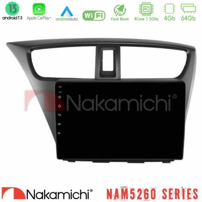 Nakamichi NAM5260 Series 4Core Android13 4+64GB Honda Civic Hatchback 2012-2015 Navigation Multimedia Tablet 9