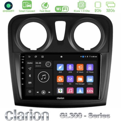 Clarion GL300 Series 4Core Android11 2+32GB Dacia Sandero 2014-2020 Navigation Multimedia Tablet 9